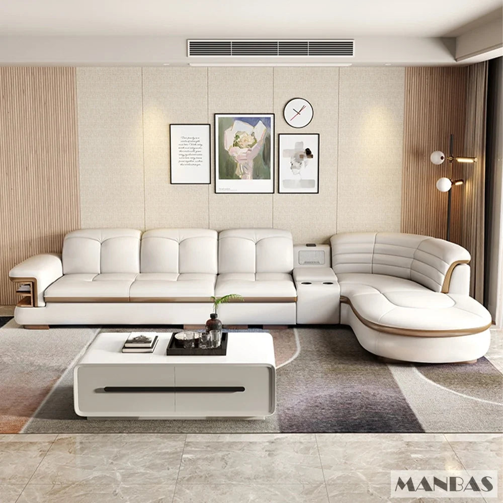 Linlamlim Luxury L Shaped Leather Sectional Sofa With USB Bluetooth