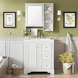 30-inch Bathroom Vanity with Sink, Modern Elegant Bathroom Storage Cabinet with 3 Drawers and Adjustable Shelves, freestanding V
