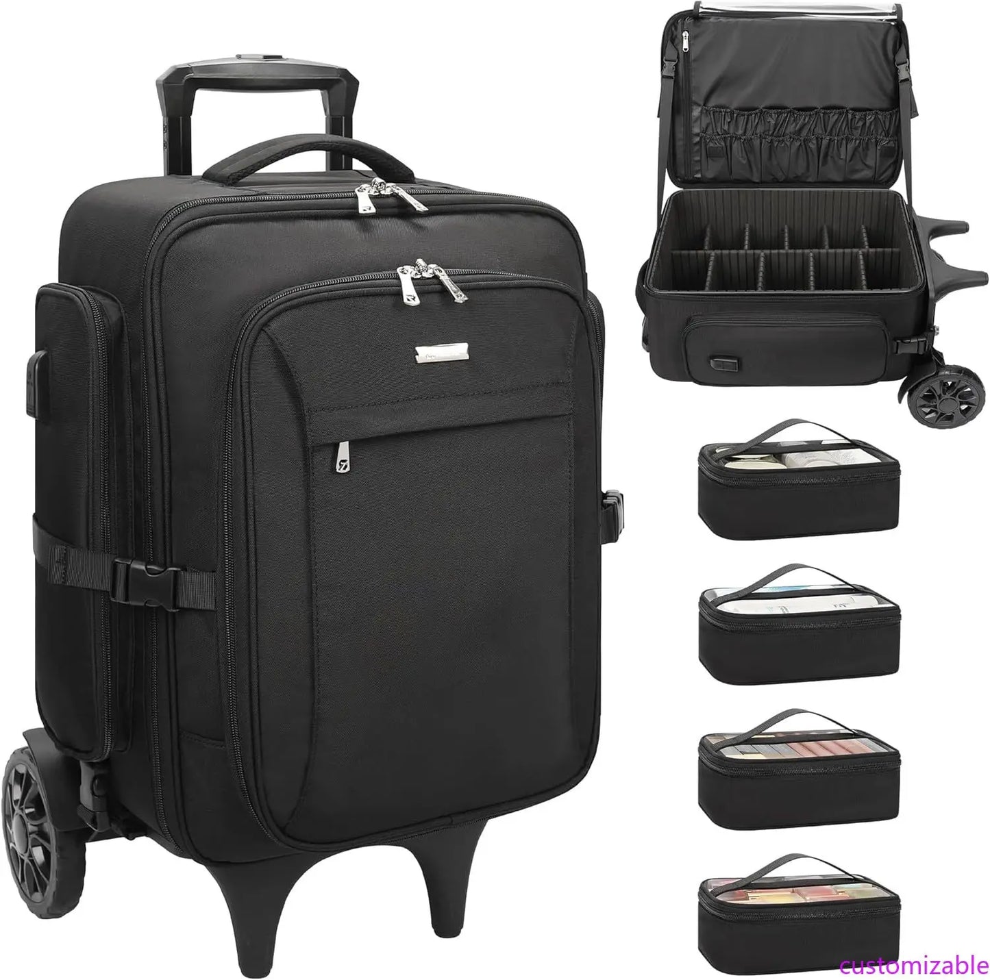 Rolling Makeup Case with 4 Small Makeup Bags, Large Make Up Travel Organizer with 2 big Wheels, Professional Lockable