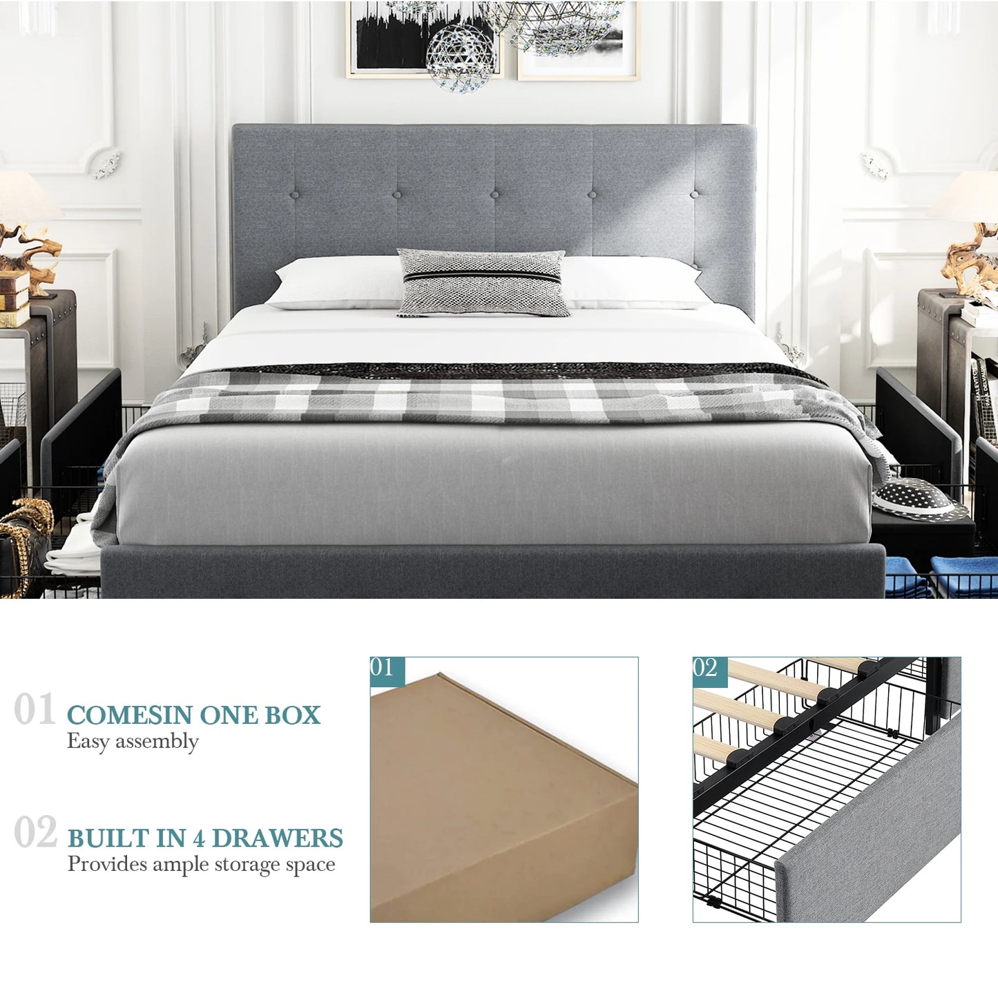 HOOMICH Platform Storage Bed Frame 4 Drawers Adjustable Headboard