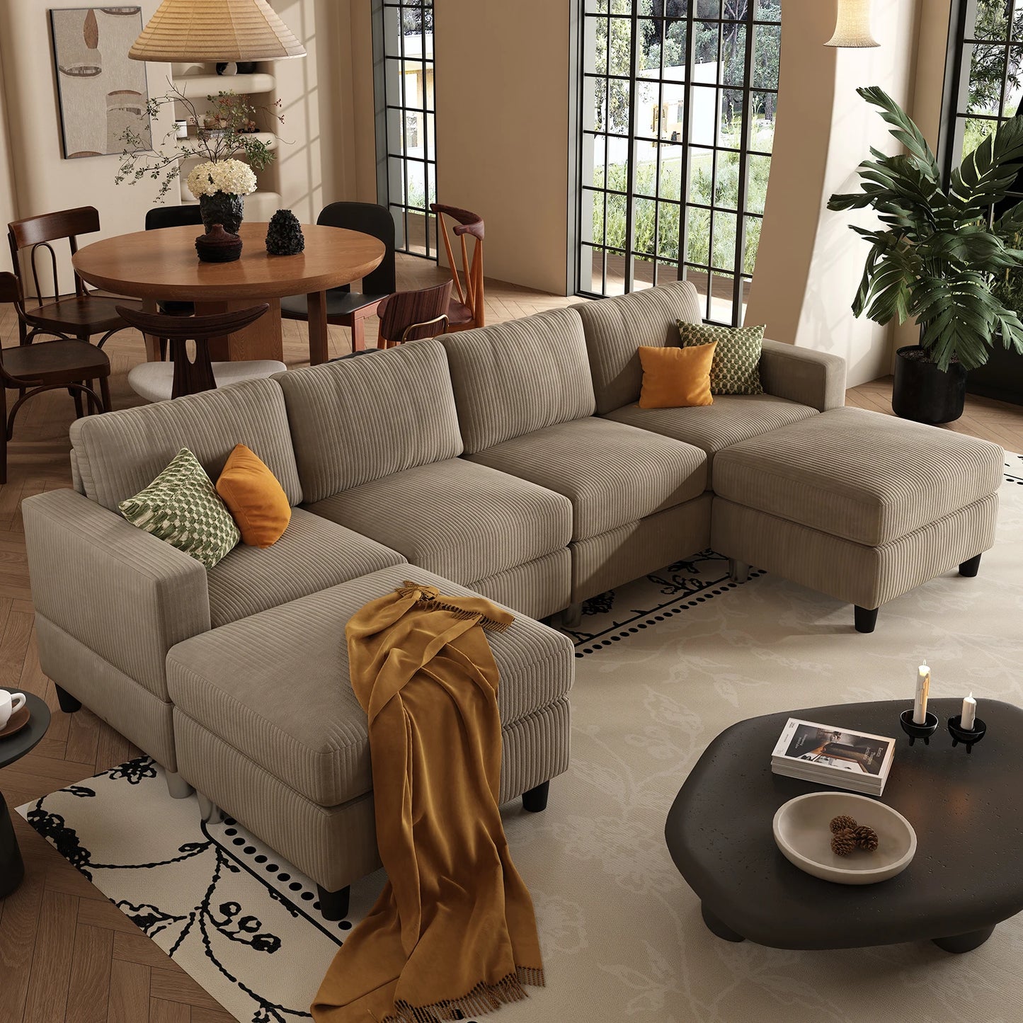 QWCCN Corduroy U Shape Sectional Sofa With Ottomans