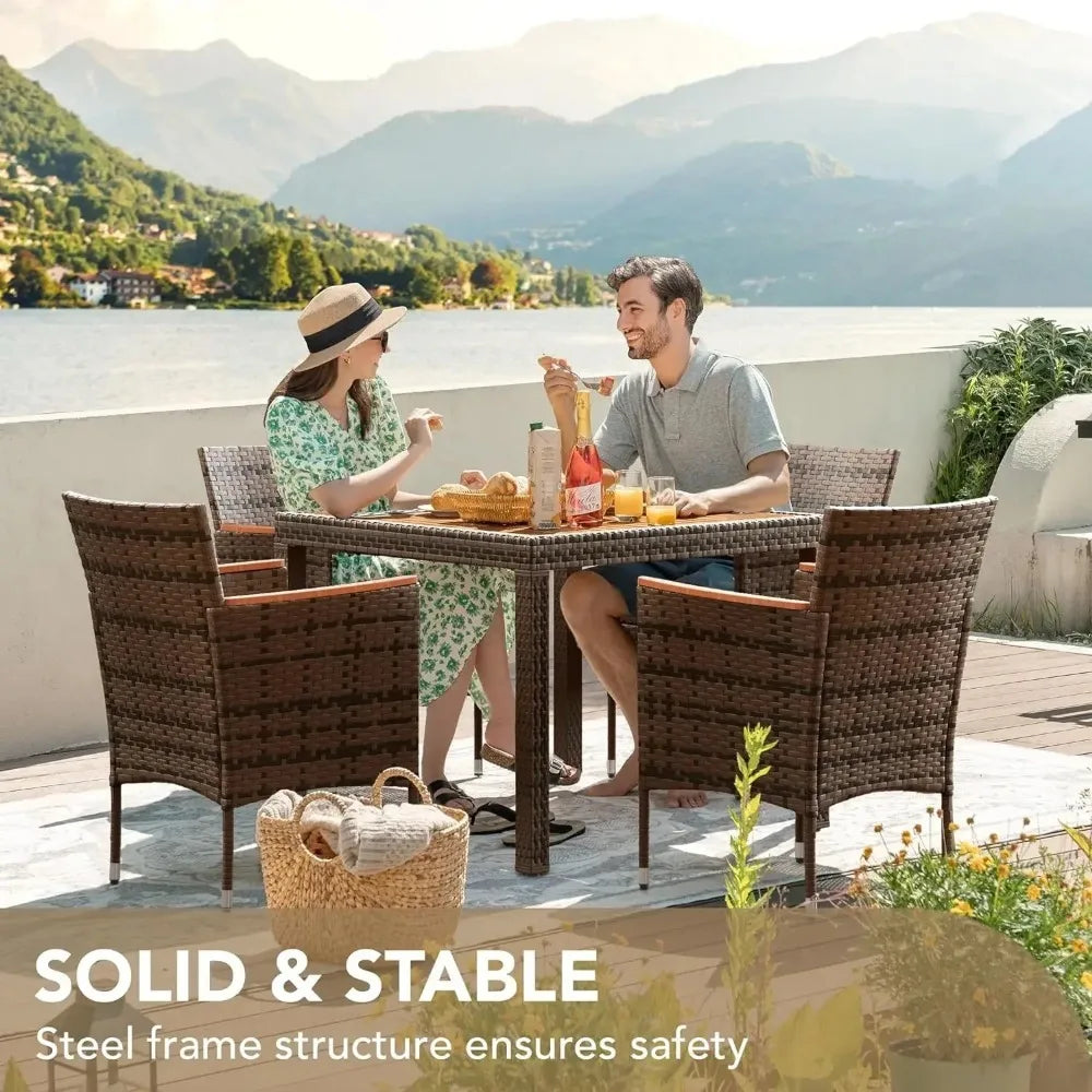 Acacia Wood Top Patio Conversation Set With Rattan Table And Chairs