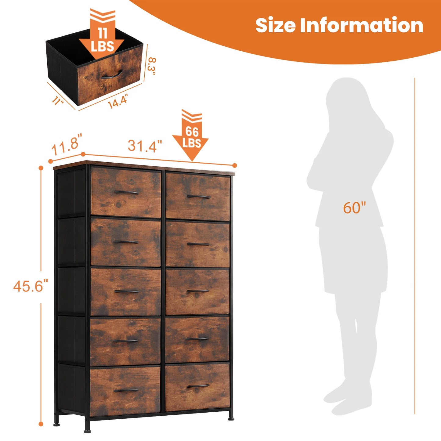 JHK Bedside Table With 10 Fabric Drawers Steel Frame Wardrobe