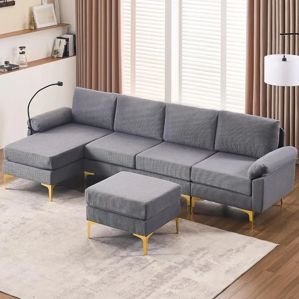 U-Shaped Corduroy Convertible Sofa Set With Lounge Chair And Footstool