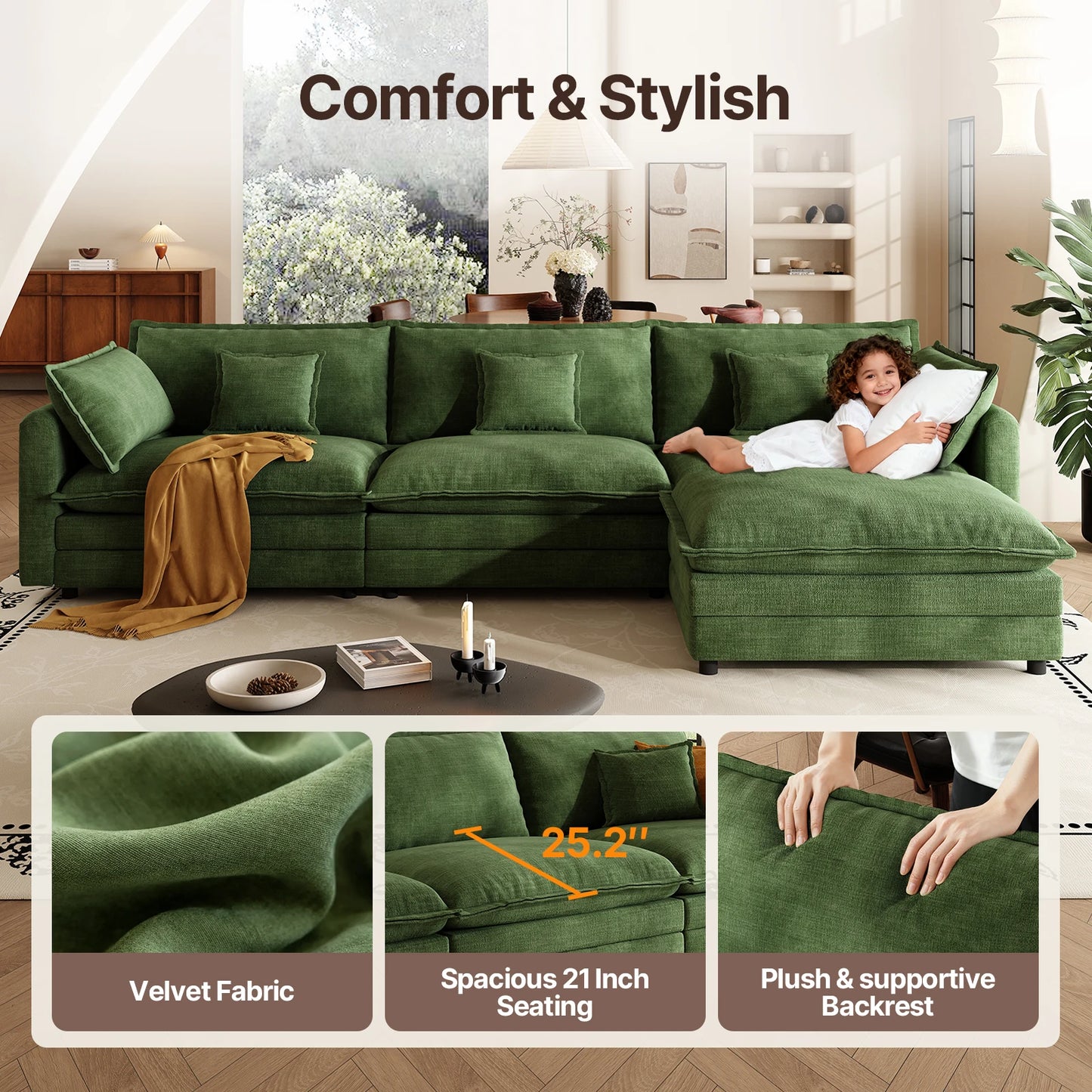 QWCCN L Shaped Modern Chenille Sofa Sectional With Ottoman
