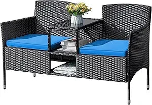 Outdoor Furniture Patio Loveseat Wicker 2-Seat with Built-in Table and Cushions Rattan Porch Chairs Bench for Balcony, Lawn, Ba