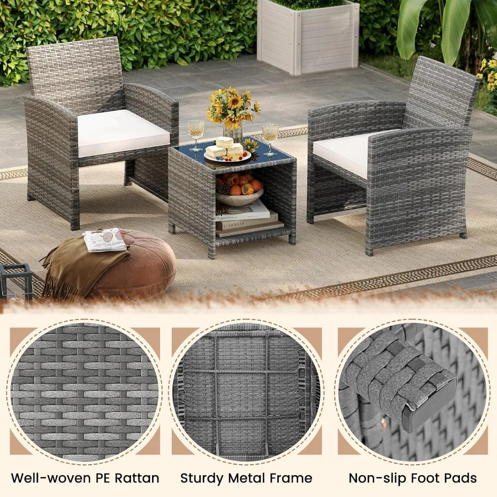 3-Piece Outdoor Wicker Patio Furniture Set with Cushions and Storage Table for Porch, Balcony, or Garden