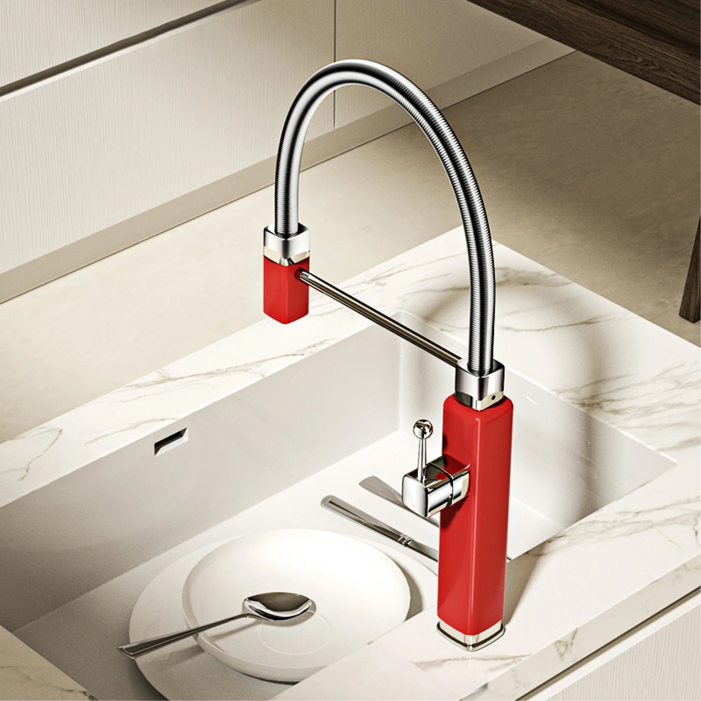 Modern luxury brass red kitchen faucet with retro design, pull-out water outlet, single handle hot and cold water sink Mixer