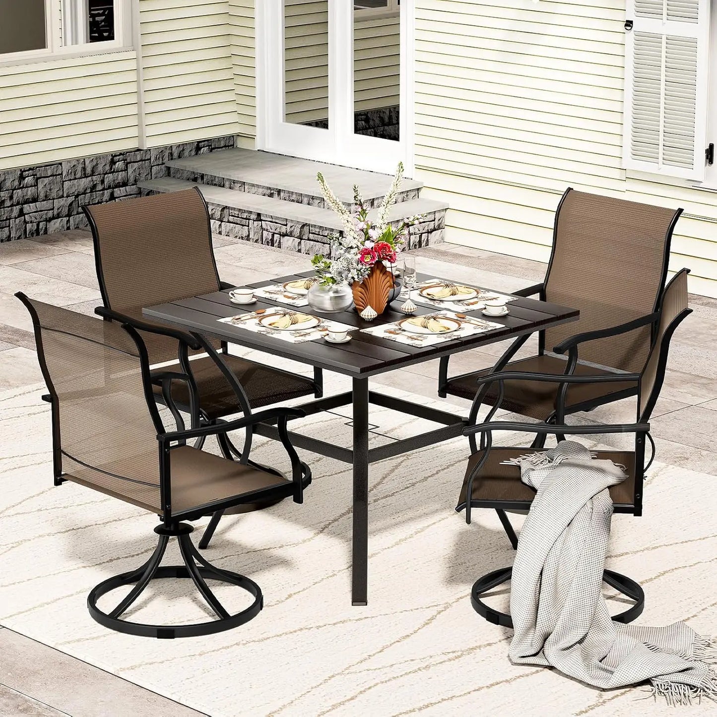 Outdoor Patio Dining Set With 4 Swivel Dining Chairs And Round Table