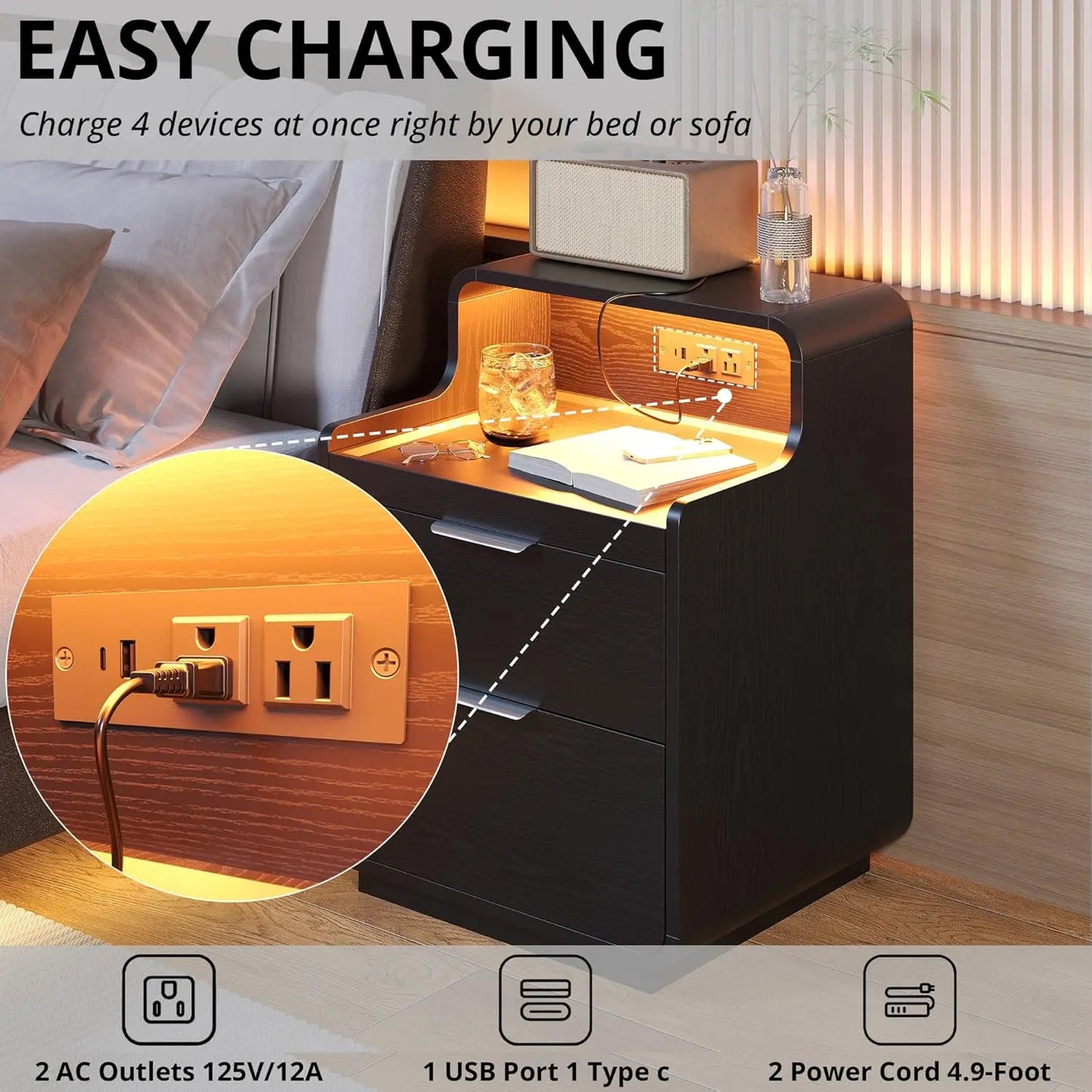 Likimio Nightstand With Charging Station And LED Lights Bedside Table With Pull Out Shelf For Bedroom Black