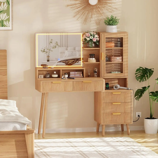 TWISTER.CK Makeup Vanity Desk With Lighted Mirror Glass Top 5-Drawer