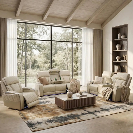 Leather Power Recliner Sofa Set With LED And USB Ports