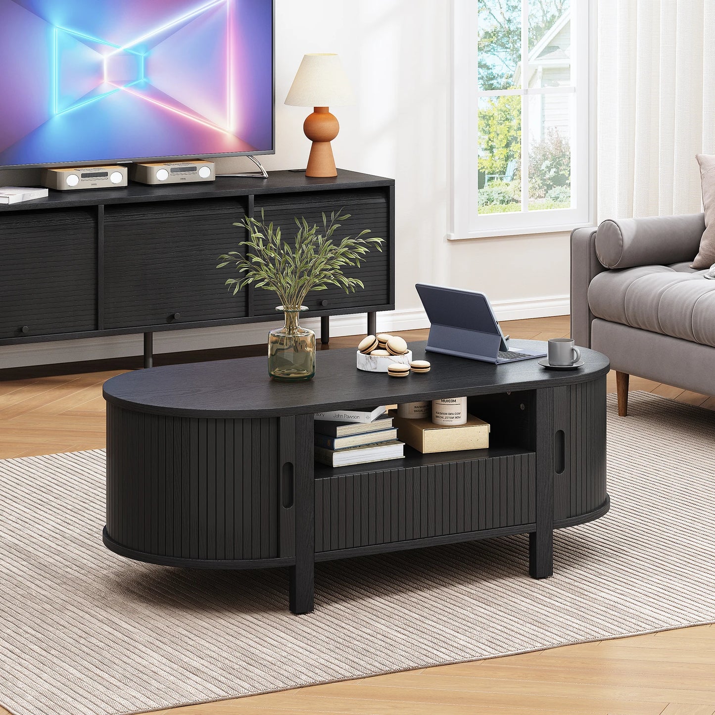 Oval Coffee Table With Cabinets And Sliding Doors Mid Century