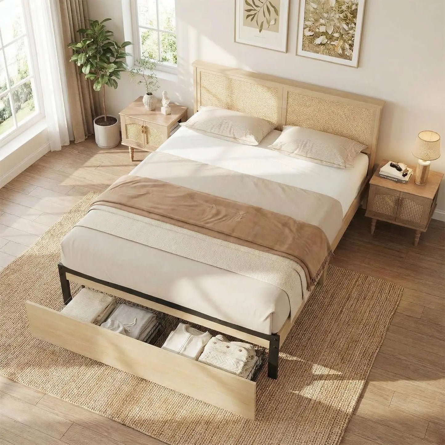 HobbyLane Rattan Bed Frame With Headboard And Storage Drawer