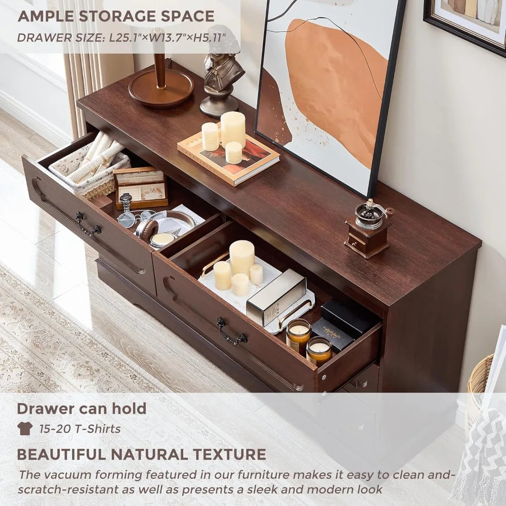 6 Drawer Dresser for Bedroom Farmhouse Cherry Tall Wood Chest of Drawers for Bedroom Dresser, Modern Rustic 55 Wide Drawer