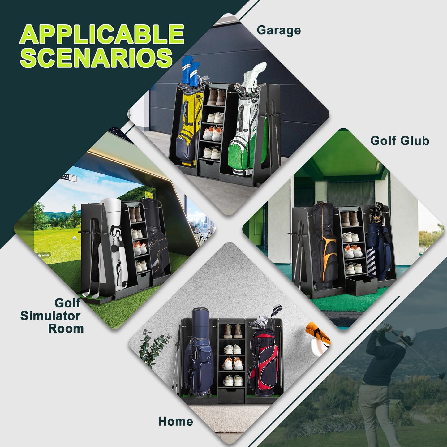 LZBEITEM 55.5''x16''x37''(LxWxH) Wooden Golf Bag Storage Rack, High Quality Wooden Golf Bag Rack with Drawers, Black