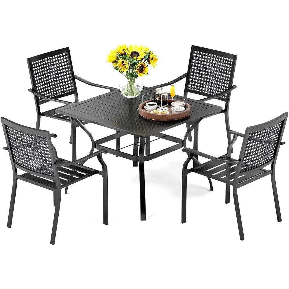5 Piece Outdoor Dining Set For Four With Square Wrought Iron Table And Stackable Chairs Heavy Duty Patio Deck