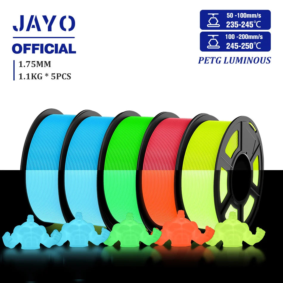 JAYO PLA Filament 1.75mm Glow in the Dark PETG 3D Printer Filament 1.1KG Neatly Wound Luminous 3D Printing Material For FDM