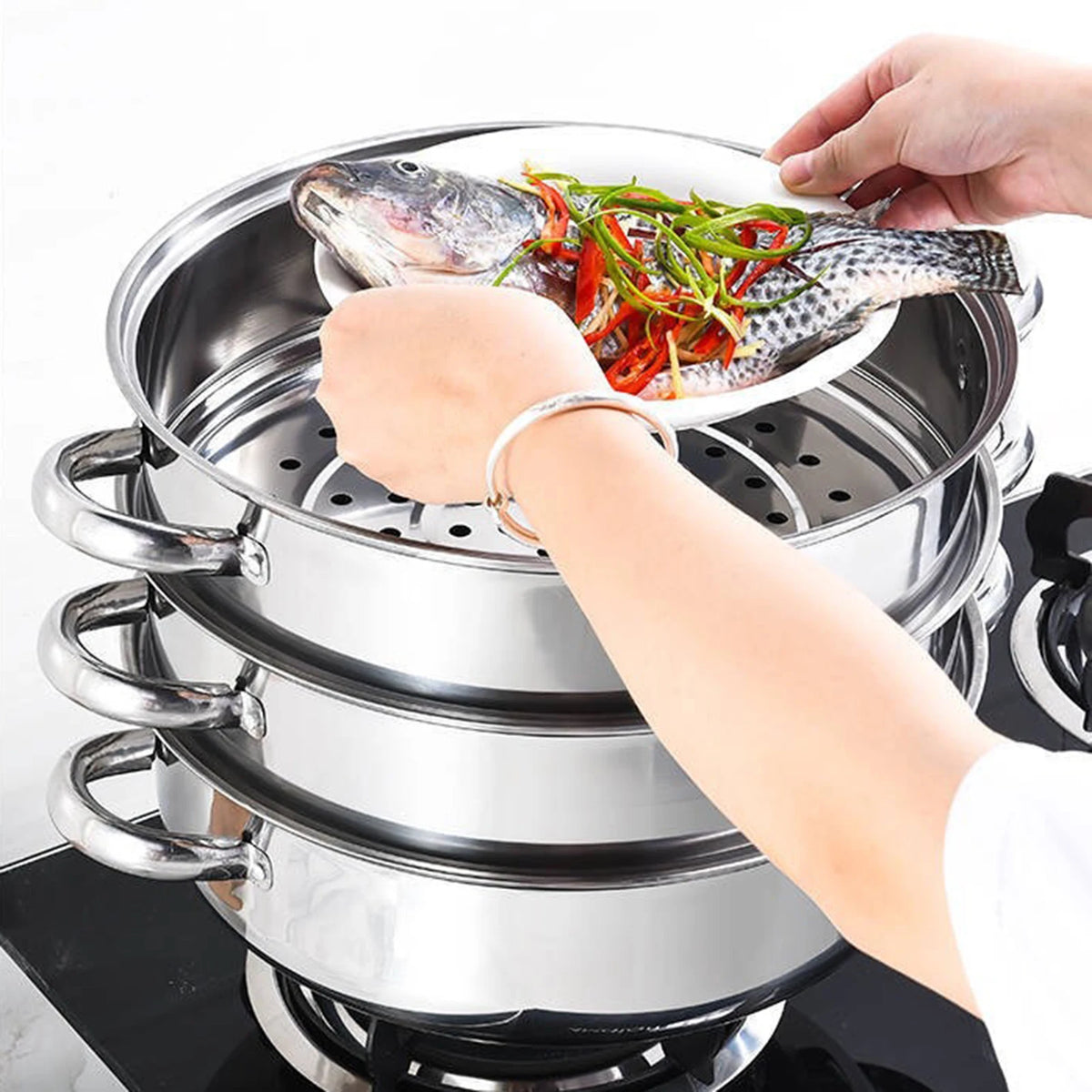 Stainless Steel Triple Layer Steamer Pot For Induction And Gas