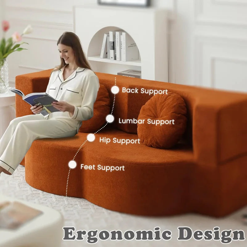 (UUX)76" Convertible Futon Bed, Boneless Sleeper Sofa Couch with 2/Pillows Teddy Fabric, 2-in-1 Comfy Floor & Foldable L UQ