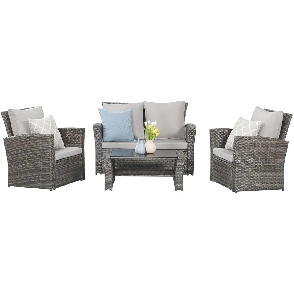 4 Piece Outdoor Patio Furniture Sets, Wicker Conversation Set for Porch Deck, Gray Rattan Sofa Chair with Cushion