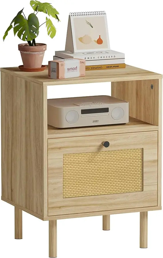 MKDK Rattan Nightstand With Storage Drawer Open Shelf