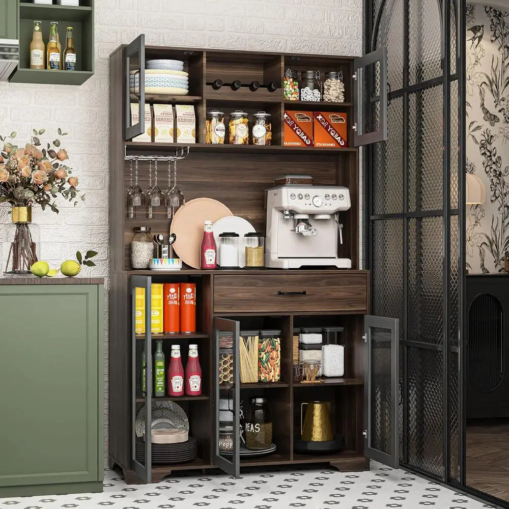 HUANZHUANG Pantry Cabinet With Coffee Bar Storage And LED Lighting