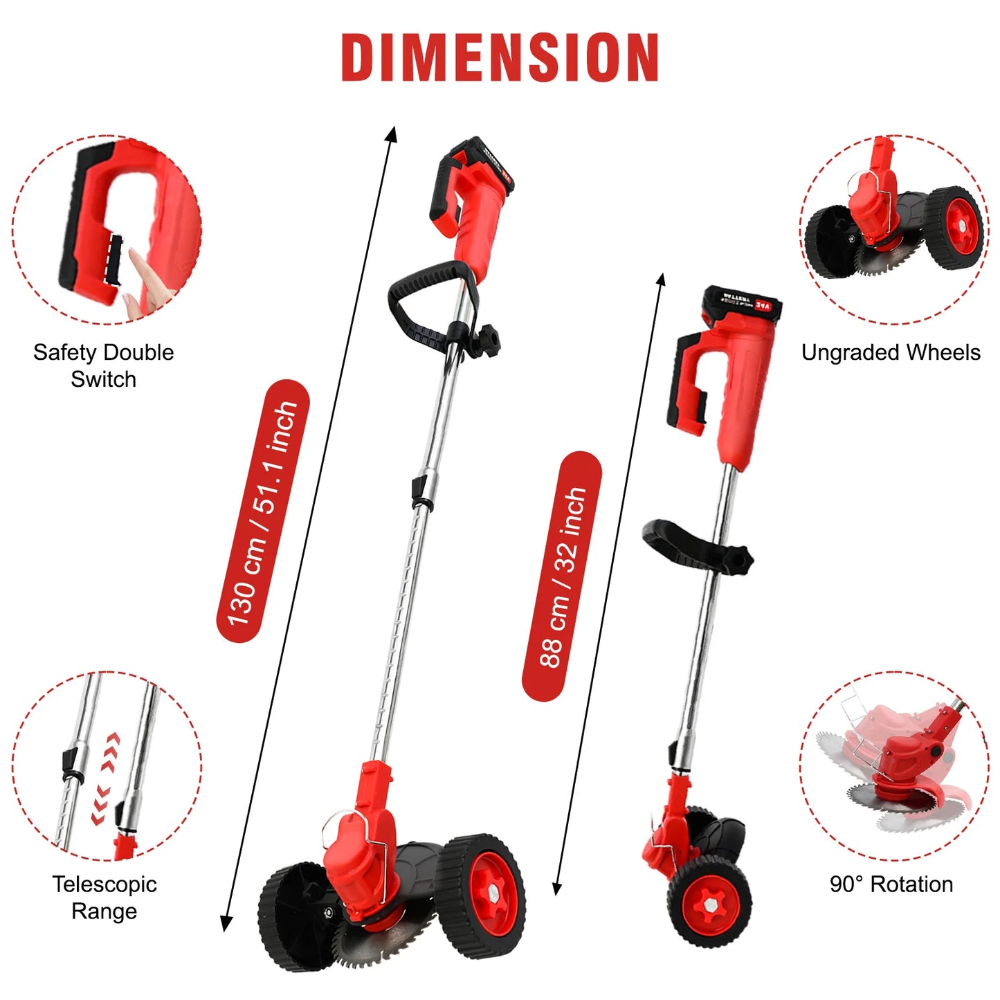 21V Cordless Weed Wacker Trimmer With Wheel 3 In 1 Brush Cutter