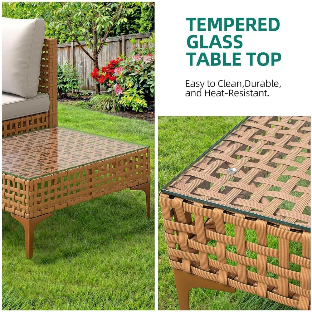 7 Piece Patio Furniture Set All Weather PE Wicker Outdoor Conversation Set Beige Modern Assembly Required Poolside