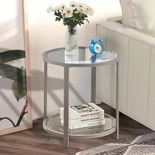 Glass End Table Two Tier Metal Frame Living Room Table