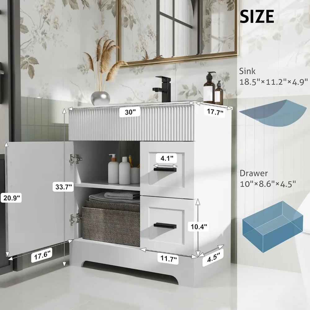 30" Bathroom Vanities Sink Combo with Painted Surface, Modern Drawered Cabinet W/Decorative Wave Lines, Undermount Single Sink,