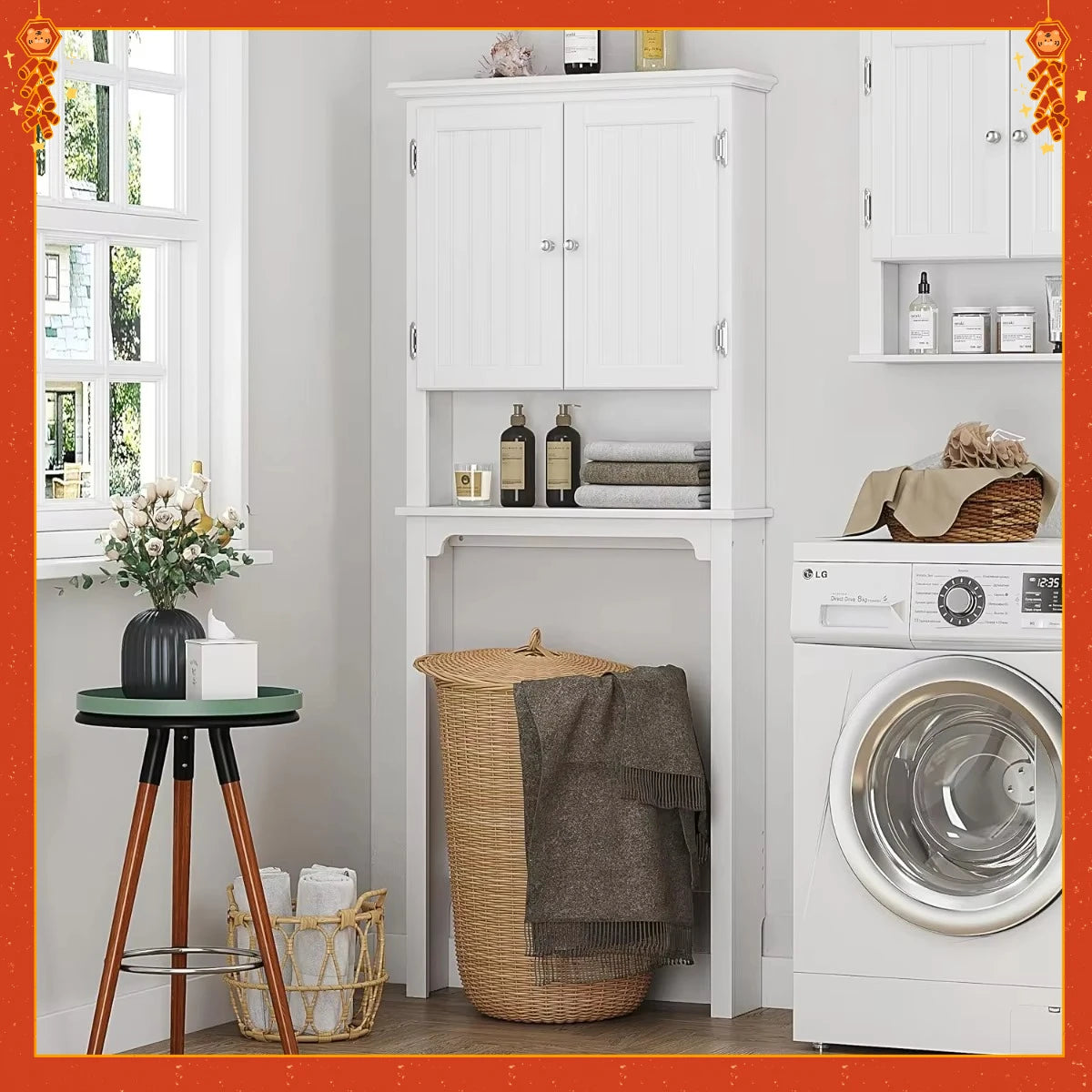 White Over-Toilet Storage Cabinet with Double Doors. Adjustable Shelf Organizer for Bathroom Space Saving.