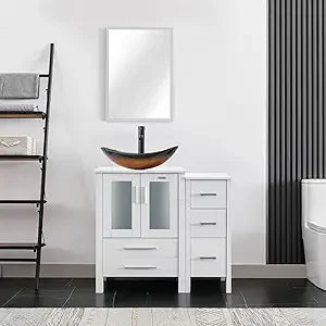 36" Modern Bathroom Vanity Sink Combo White W/Small Side Cabinet Turquoise Square Glass Vessel Sink & Water Save Faucet & Pop U