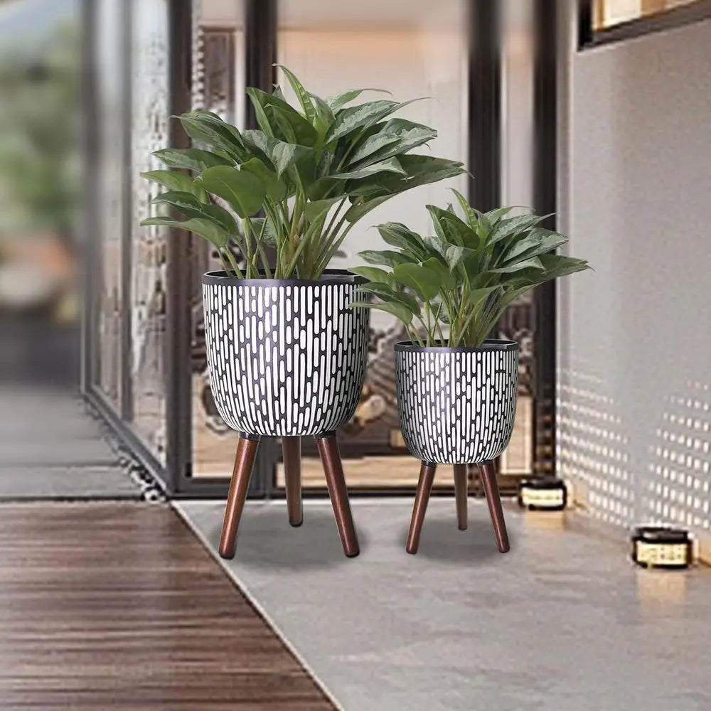 Plant Pot Set with Stand Mid-Century Boho Indoor Planters