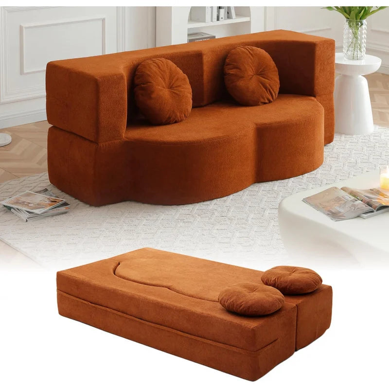 (UUX)76" Convertible Futon Bed, Boneless Sleeper Sofa Couch with 2/Pillows Teddy Fabric, 2-in-1 Comfy Floor & Foldable L UQ