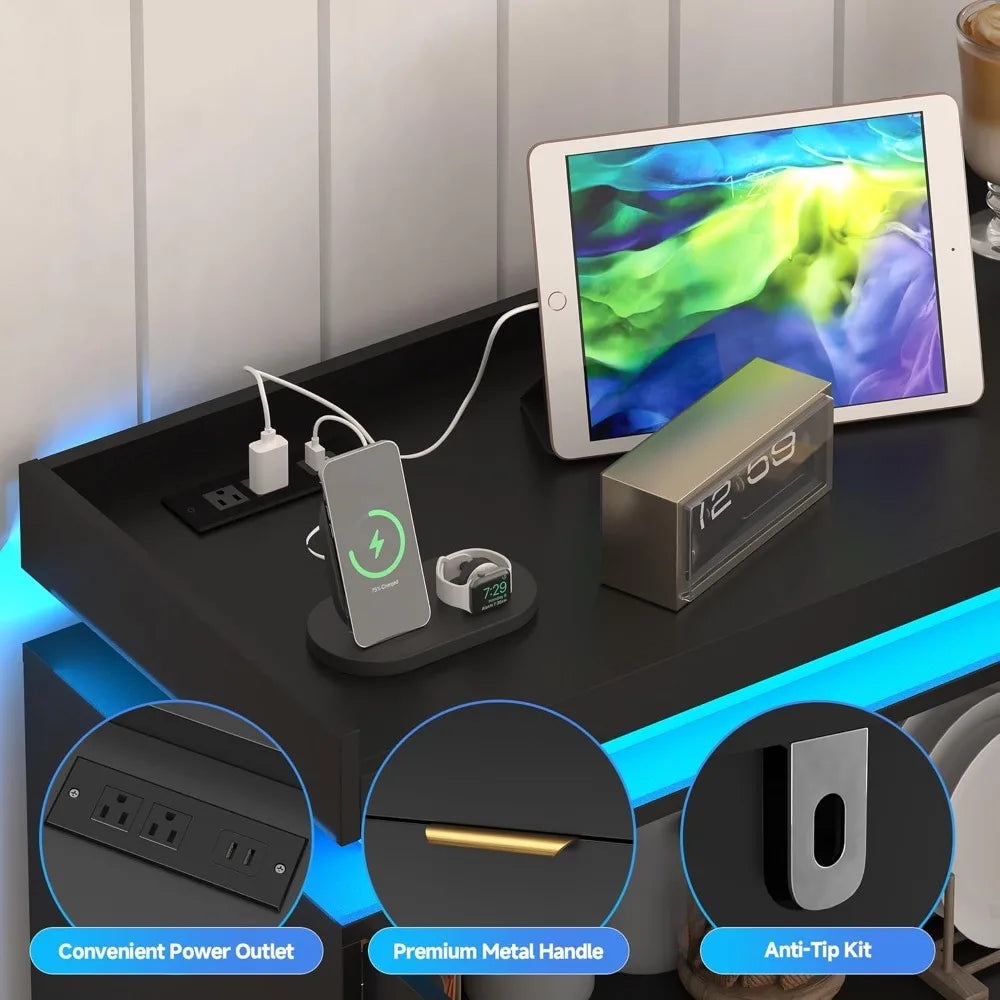 MKDK Buffet Sideboard With Storage And Power Outlets LED