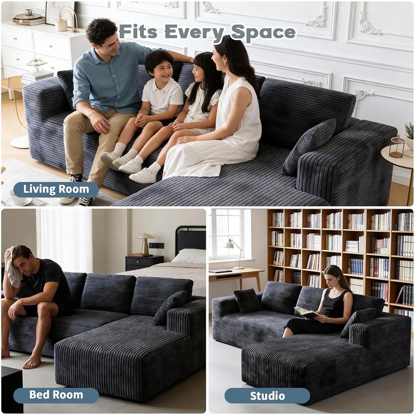 Corduroy Sectional Couch L Shaped Cloud Foam Sofa With Chaise