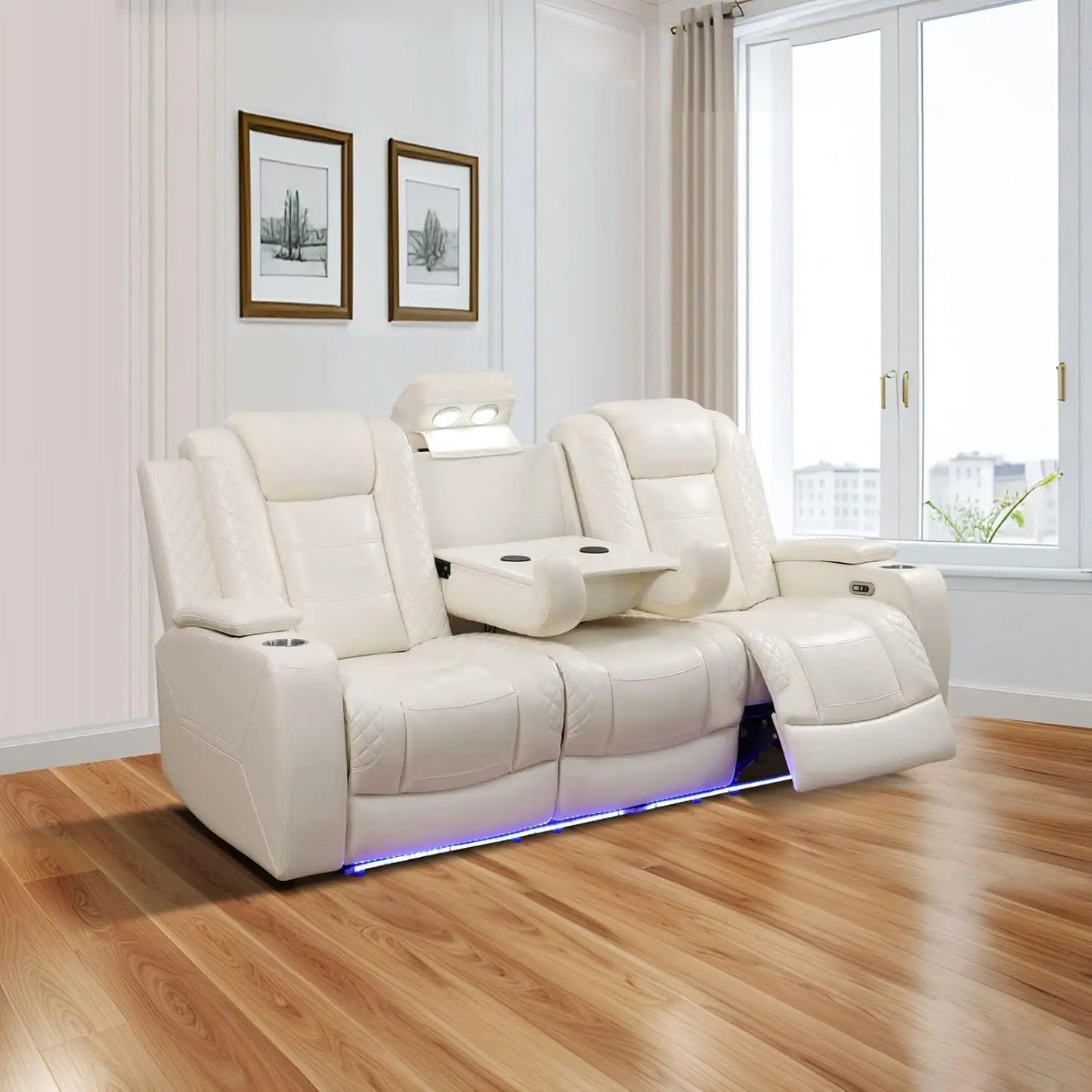 Power Recliner Leather Sofa Set With LED USB Charging