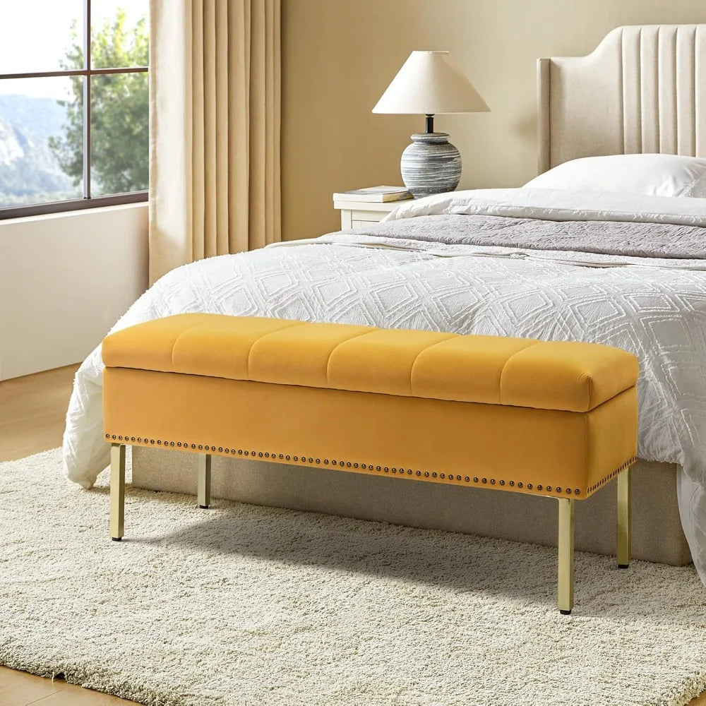 Velvet Flip Top Storage Ottoman Bench With Nailhead Trim