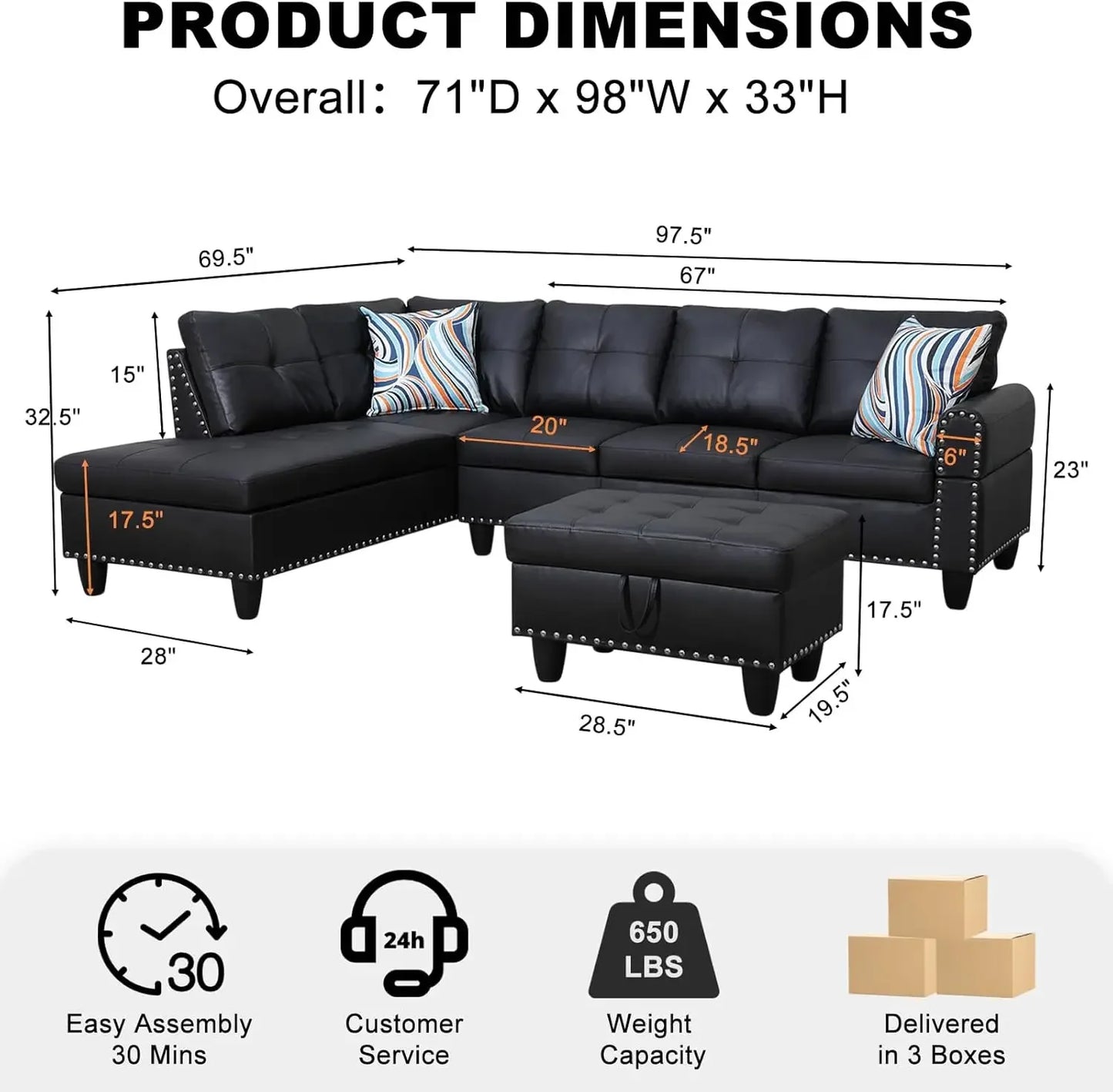 Combination L Shaped Sectional Sofa Chaise Ottoman Pillows