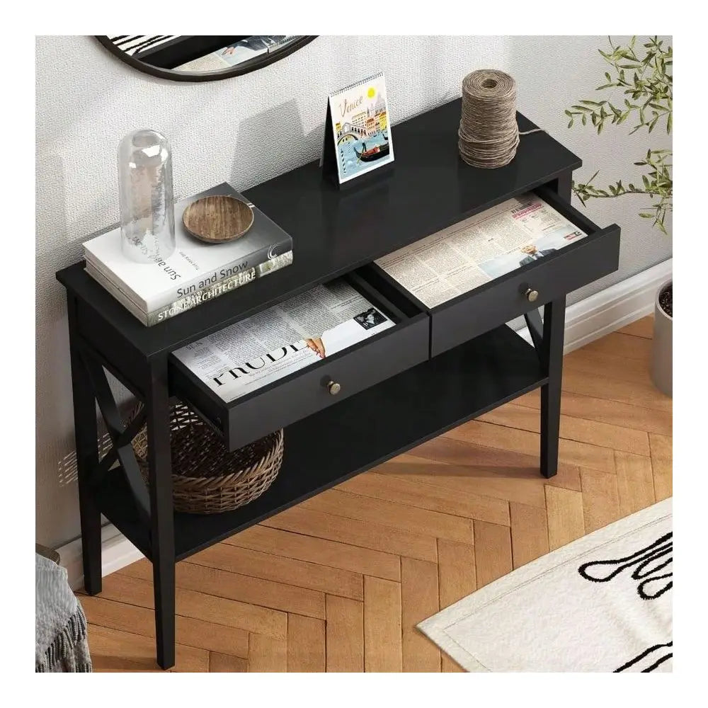 Narrow Wood Console Table With Drawers And Entryway Storage Shelf