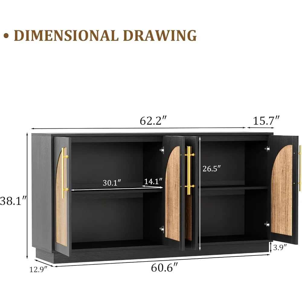 62" Antique Buffet Cabinet with Hutch, Vintage Sideboard Console for Dining Room & Kitchen, 2 Adjustable Shelves, Arched Doors