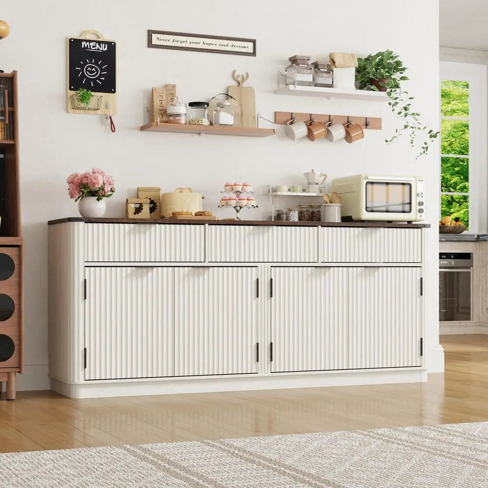 Curved Buffet Cabinet With 3 Storage Drawers And Steel Shelves