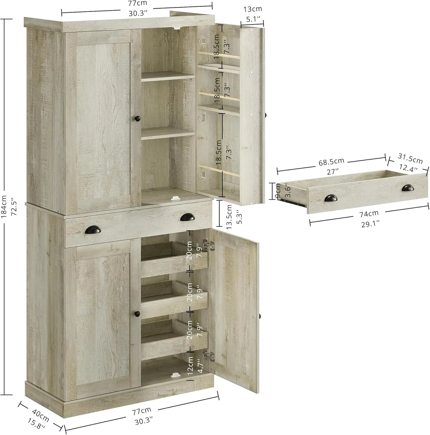 IRONCK Kitchen Pantry Cabinet Freestanding Cupboard With Drawer And Shelves