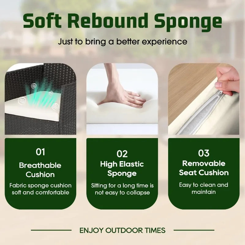 4 Piece Patio Furniture Set Black Outdoor Wicker Coffee Table Modern Rattan Chairs Conversation Set Weather Resistant