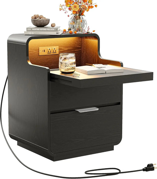 Likimio Nightstand With Charging Station And LED Lights Bedside Table With Pull Out Shelf For Bedroom Black