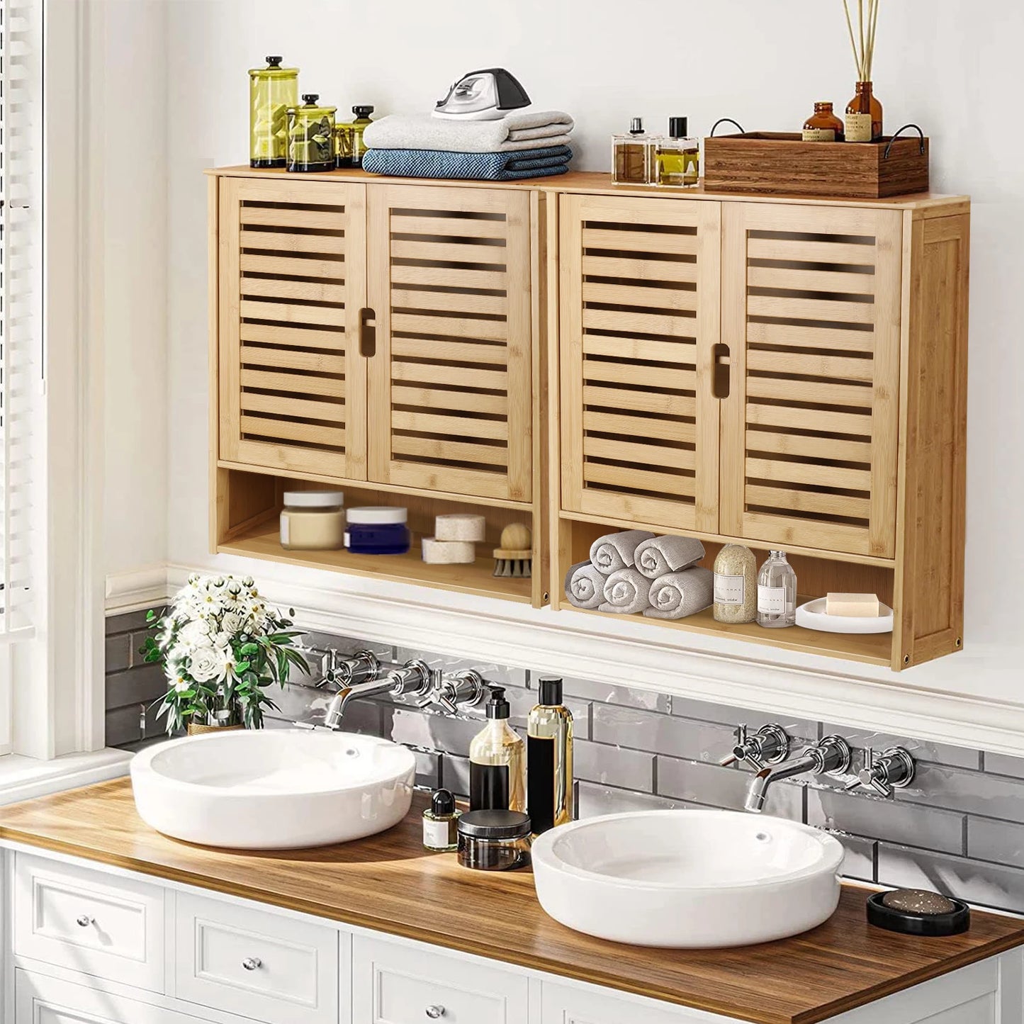 Wisfor Wall Mounted Bamboo Bathroom Cabinet Storage Shelf