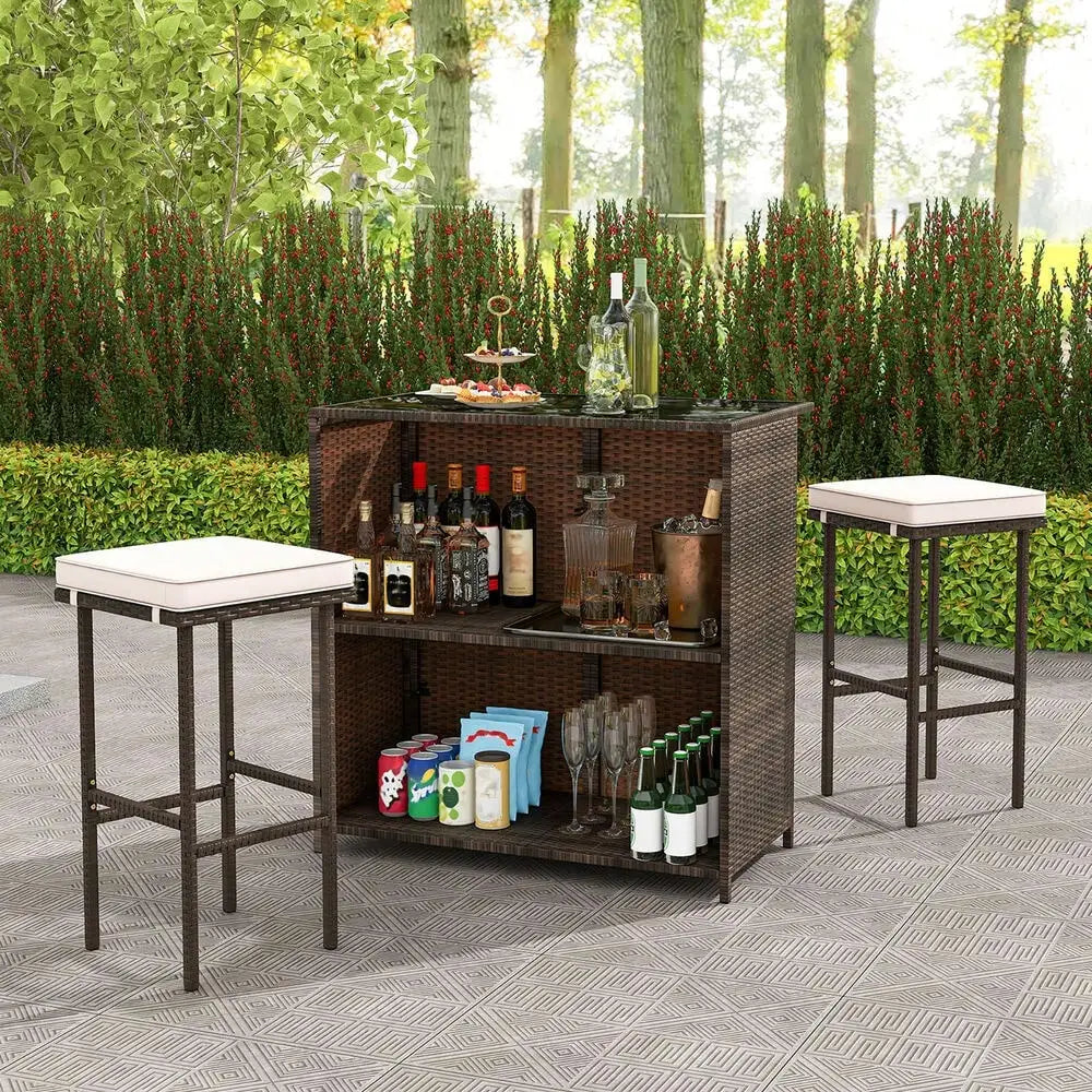 Three-Piece Outdoor Patio Bar Set with Wicker Table and Stools