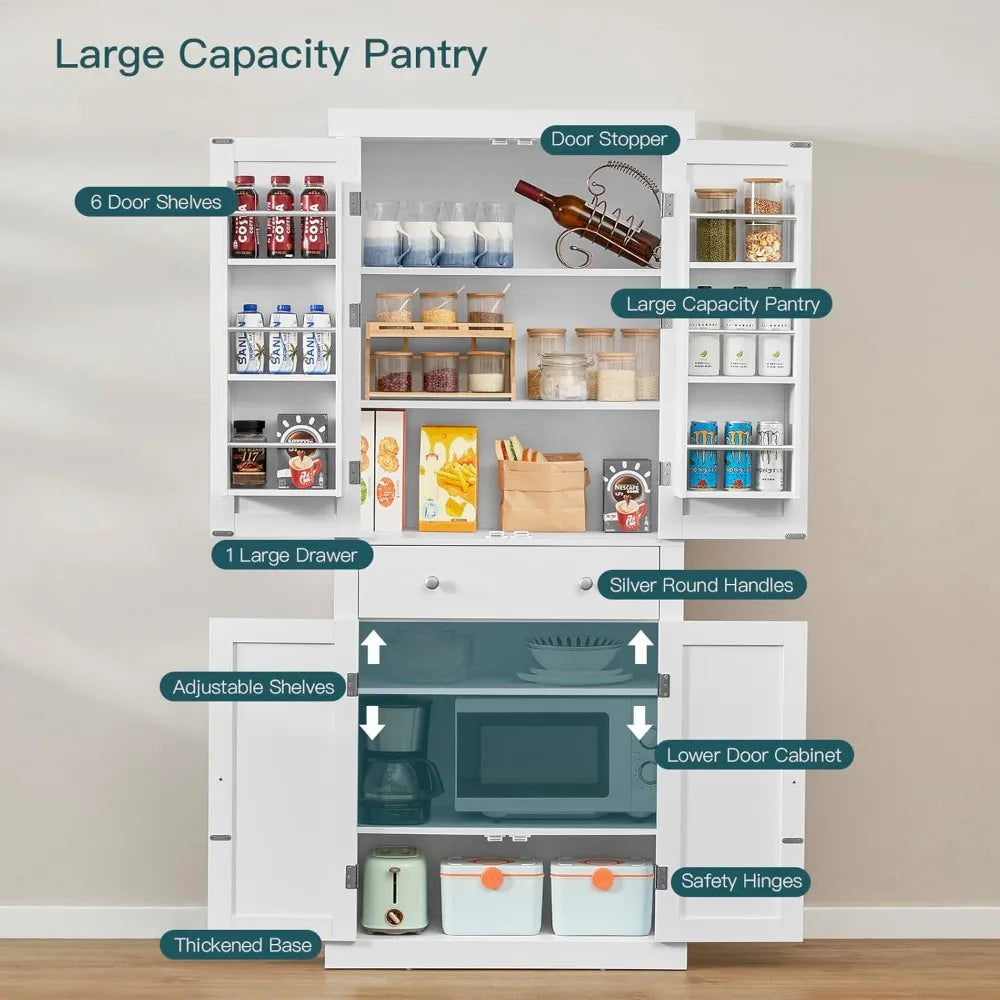 Four-Door Tall Kitchen Pantry Cabinet with Drawer and Adjustable Hanging Shelves