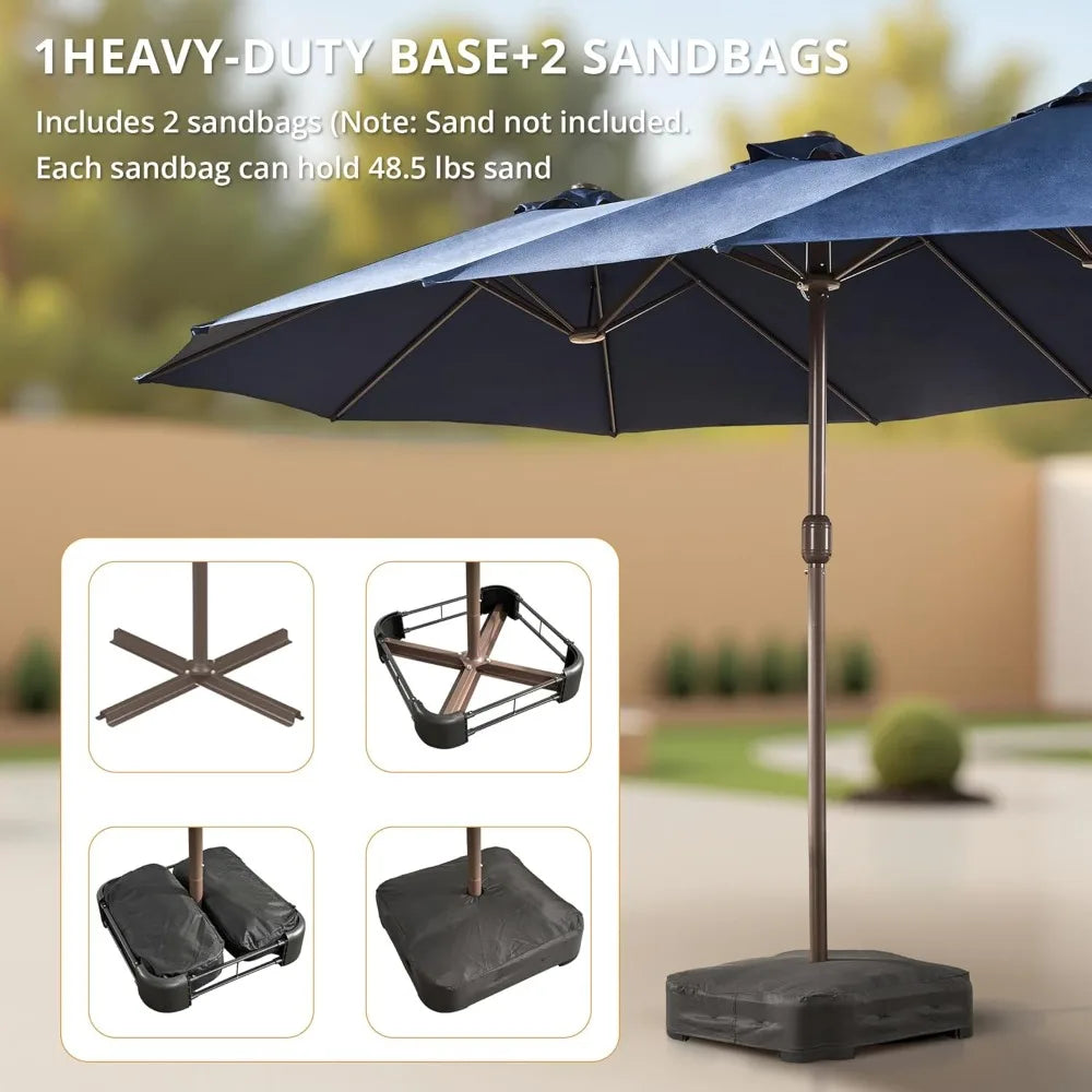 15ft Large Patio Umbrella with Base,Outdoor Rectangle Double-Sided Market Umbrella with Stand Included,Outside Umbrellas for Poo